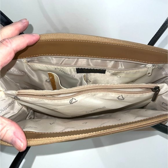 Vintage C. Valentino Handbag - Tan Leather With Black Shoulder Straps - Picture 6 of 11